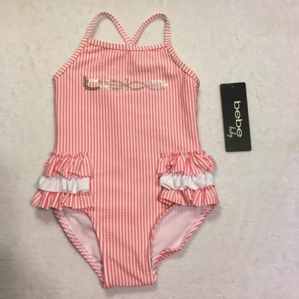 Bebe Swimsuit Baby‎ Girls 12M Pink New Seersucker Sequin Ruffle One Piece
